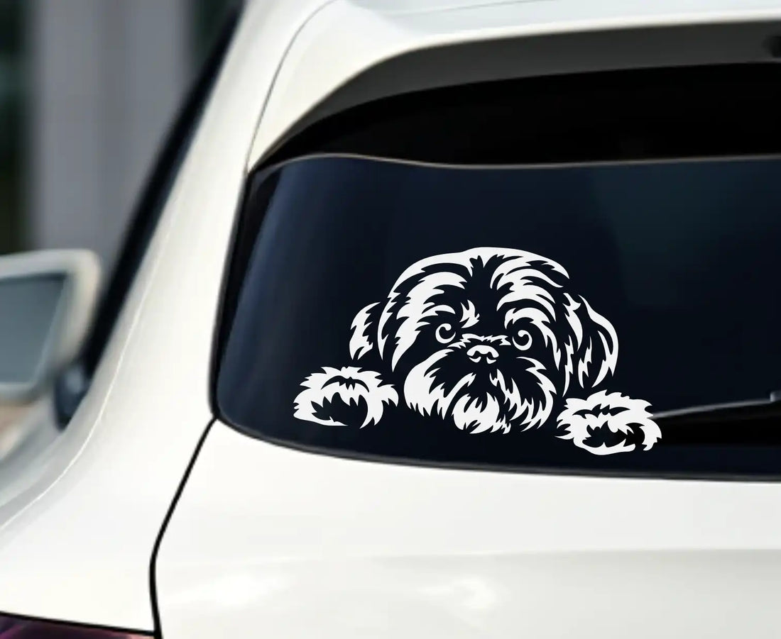 Peeking dog clipart designs showcased on various items including car decals, home décor, and DIY crafts
