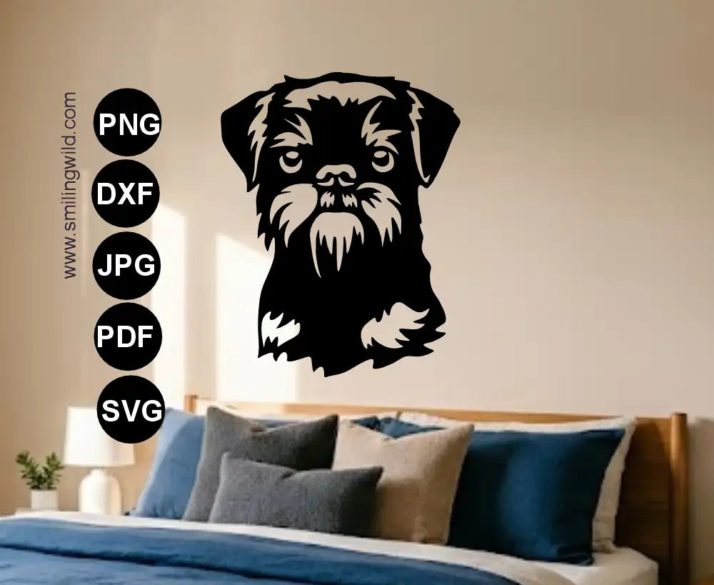 a single piece cut file of a Belgian griffon dxf graphic presented as a metal wall art made on cnc or laser