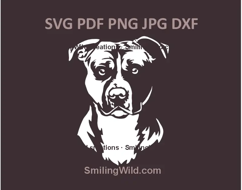White front facing SVG and png laser cut file of Amstaff dog head – ideal for Cricut and Glowforge precision cutting projects