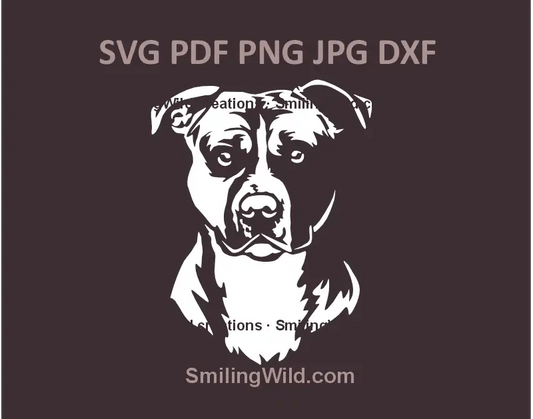 White front facing SVG and png laser cut file of Amstaff dog head – ideal for Cricut and Glowforge precision cutting projects