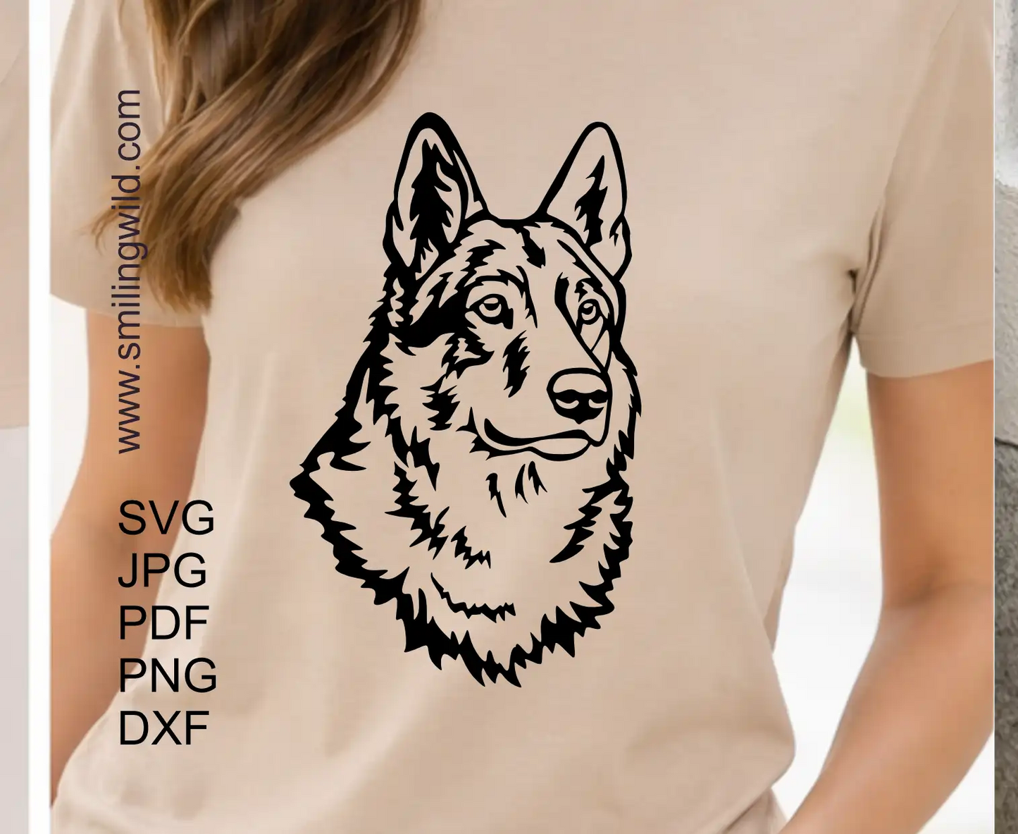 Czechoslovakian Wolfdog head portrait in dxf and svg graphic cut file set showing a dog face in 45 degree angle