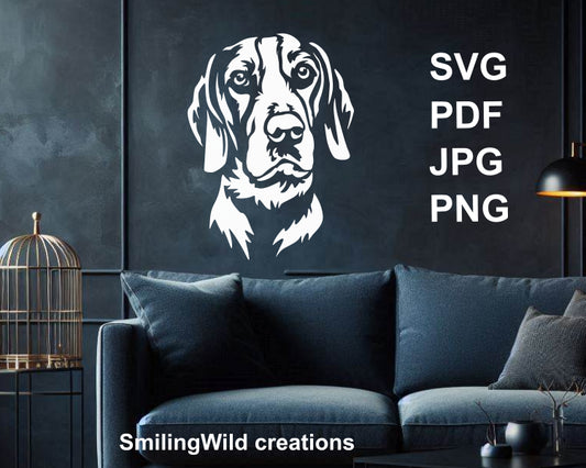 A white vector SVG design of a Dunker dog breed, perfect for hunting lodge wall art and decorating dark surfaces
