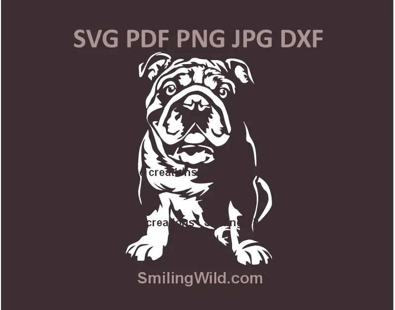 Realistic white sitting English Bulldog vector clipart available in SVG, PNG, and DXF formats for Cricut, Glowforge, Silhouette, and laser cutting machines