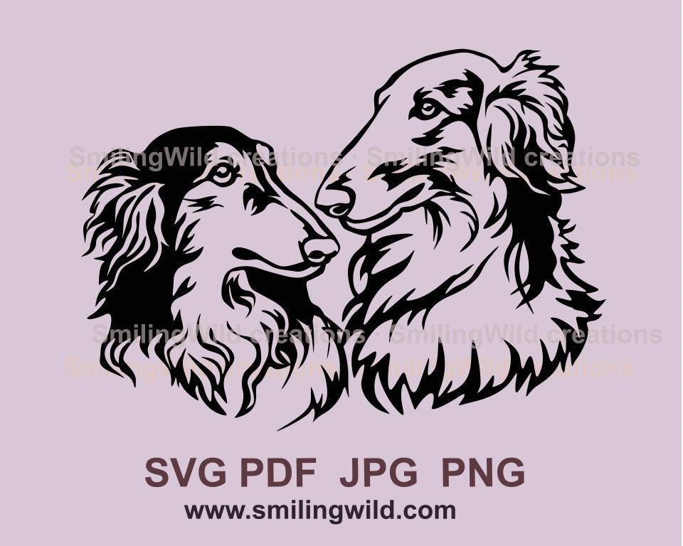 Borzoi Hund SVG Clip Art Doppelportrait, Scenthound Vektor Grafikdatei, Hund Doppelportrait