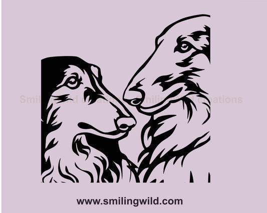 Borzoi Hund SVG Clip Art Doppelportrait, Scenthound Vektor Grafikdatei, Hund Doppelportrait