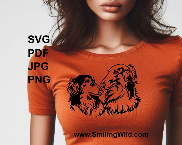 Borzoi Hund SVG Clip Art Doppelportrait, Scenthound Vektor Grafikdatei, Hund Doppelportrait