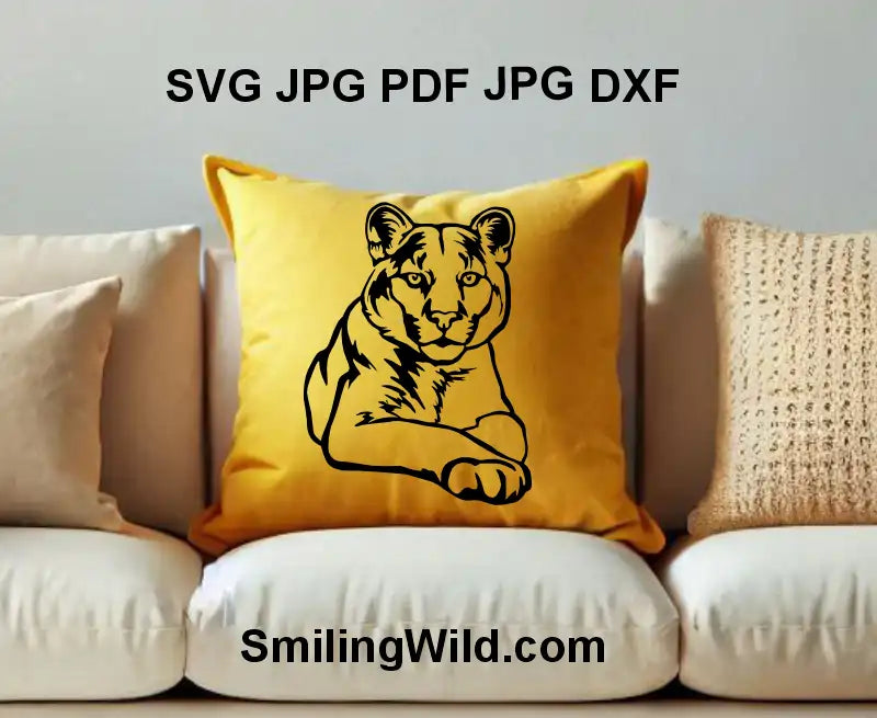 Powerful Puma or mountain lion in lying position, perfect for DIY wildlife crafts, laser cutting, and Cricut projects. Available in SVG, PNG, and DXF formats