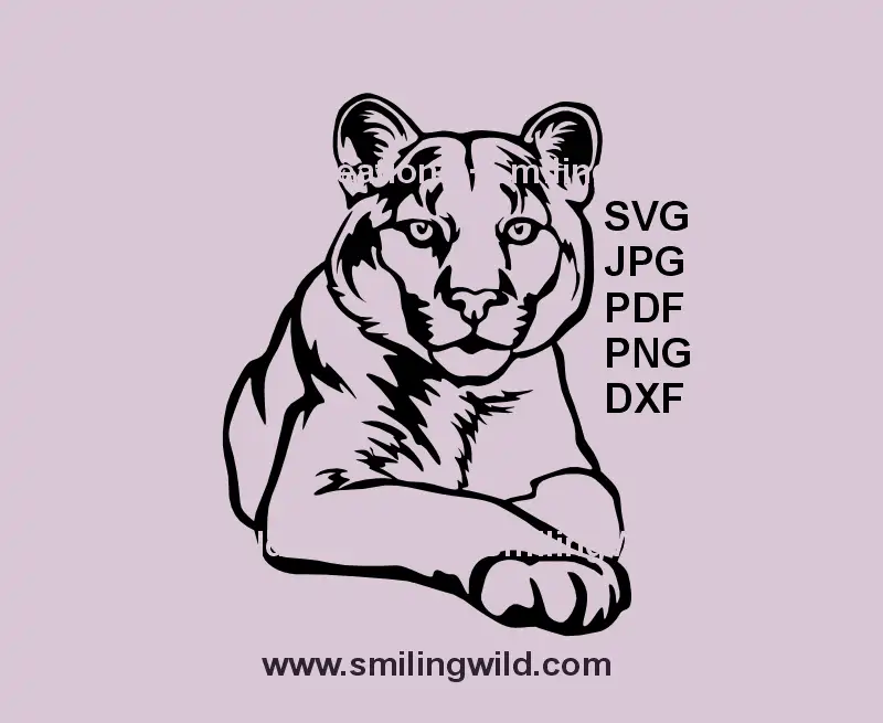 Realistic Puma vector graphic in lying position, designed for Cricut, laser cutting, and engraving projects. High-quality SVG, PNG, and DXF file
