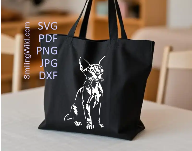 a tote bag iwth a White Sphynx Cat portrait cut file for vinyl decals and engraving