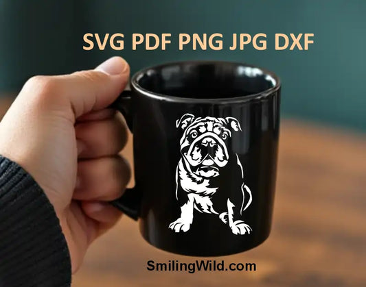 Detailed white English Bulldog vector design of a stiitng dog ideal for laser cutting and engraving projects, with SVG, PNG, and DXF compatibility for Cricut and Silhouette machines