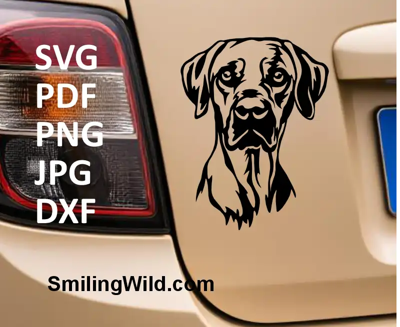South African Rhodesian Ridgeback dog head line art in SVG PNG DXF for cuttable crafts and engraving machines shown as a car sticker