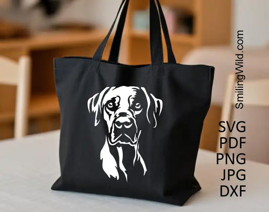 Realistic white dog portrait in SVG and dxf files – Rhodesian Ridgeback for dark surfaces shown as a totle bag design