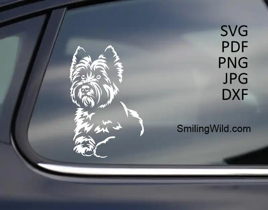 A car window decal of a lying Cairn Terrier white vector graphic cuttable digital design for crafting and engraving