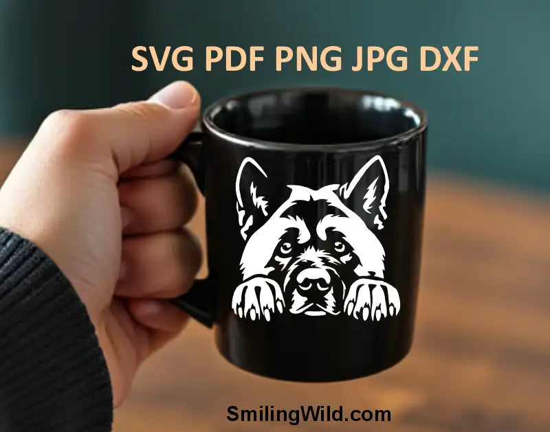 PNG and DXF cut file of American Akita – realistic black and white peeking dog