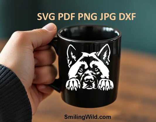 PNG and DXF cut file of American Akita – realistic black and white peeking dog