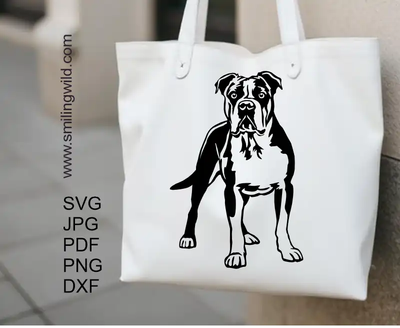 A fabric bag with decorative American Bulldog vector png, DXF – black full body standing dog graphic for crafting, engraving and Cricut machines