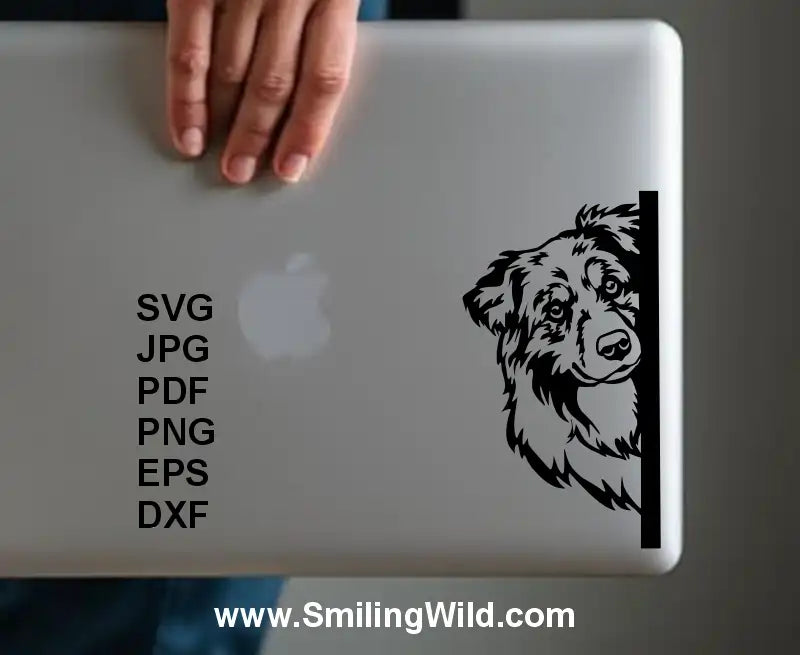 Peeking Aussie dog corner vector design for DIY phone cases and wall art in black color shown as a sample on a laptop cover