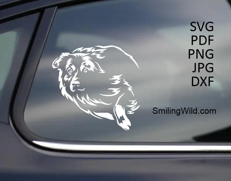 Detailed Australian Shepherd white SVG, PNG, DXF clipart vector graphic for crafting, vinyl decals, and laser engraving projects shown as a car decal