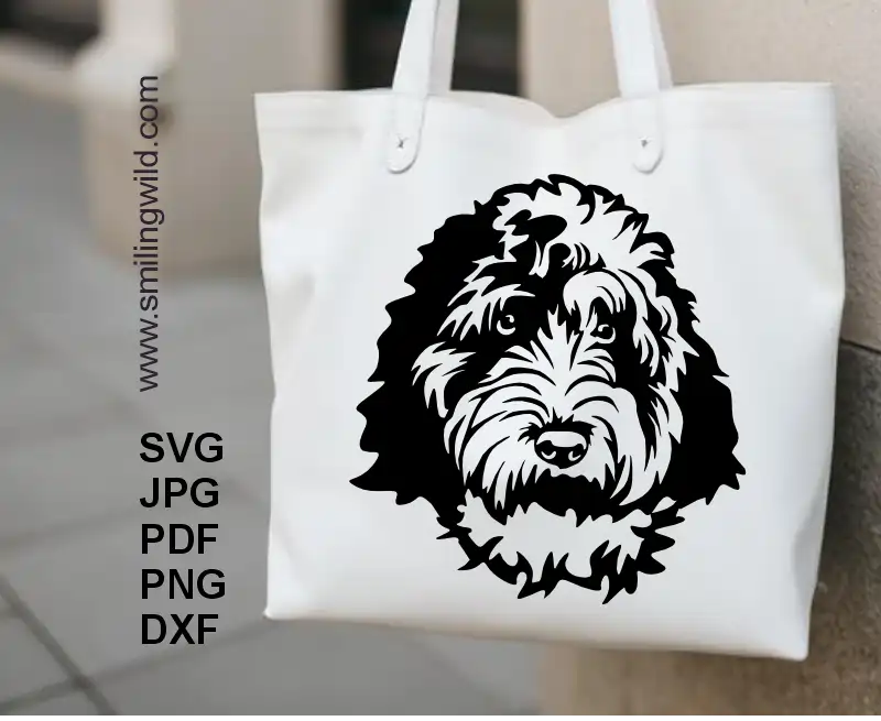 a tote bag with Aussiedoodle black cuttable digital graphic dog face – crafting file for Cricut, Glowforge, vinyl projects