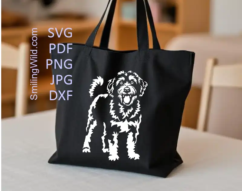 a tote bag with an Aussiedoodle dog white SVG PNG DXF digital design clipart for crafts and engraving