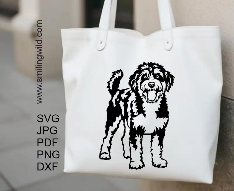 A tote bag application of a full body Aussiepoo PNG vector art – full body dog graphic for cutting projects