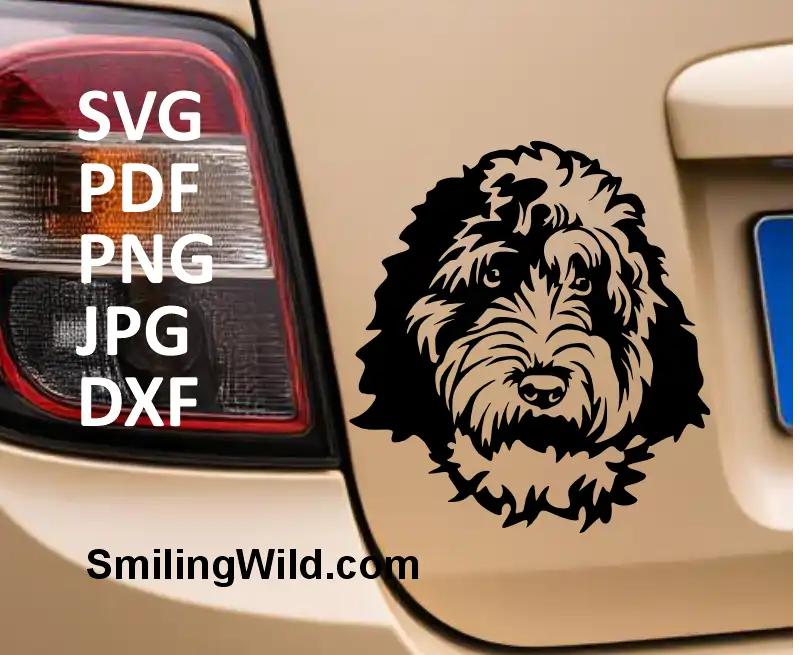 A car decal with Aussiepoo vector graphic dog head cut file SVG – digital design for engraving, printing, cutting and crafting in various other ways