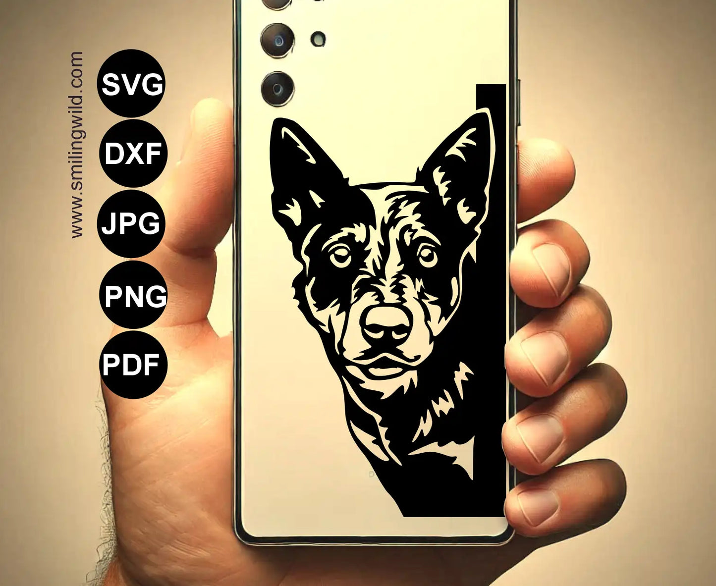 Australian Cattle dog (blue heeler) SVG corner vector graphic art shown as phone case design for vinyl cutting