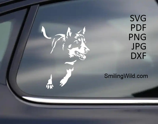 A car sticker showing a running Australian Kelpie white clipart digital graphic design cut file for engraving, vinyl, and crafting