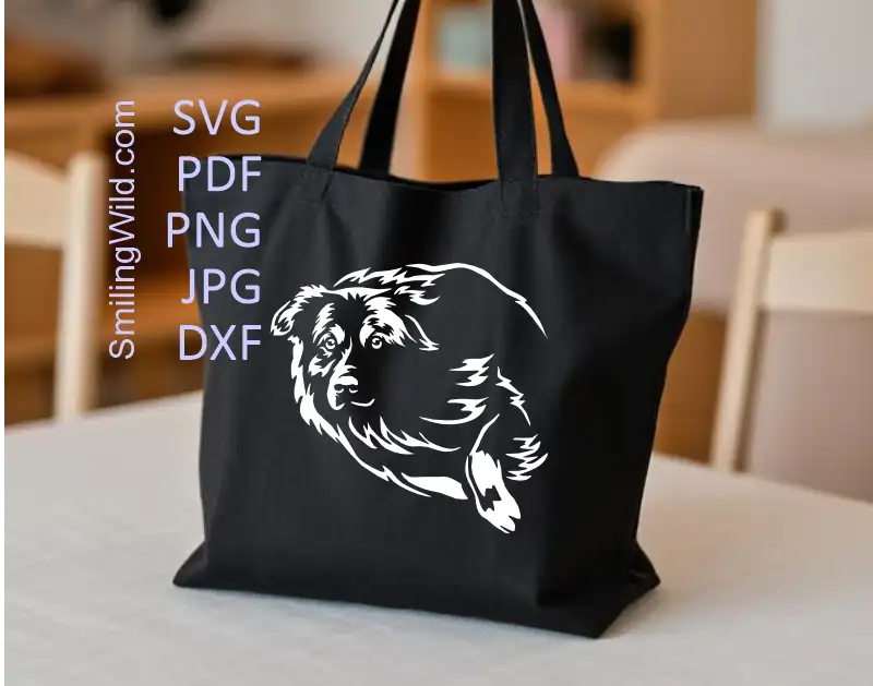 Australian Shepherd vector graphic in white color comes in SVG, PNG, DXF cut file for Cricut, Silhouette, laser crafts, and digital design projects as this tote bag design