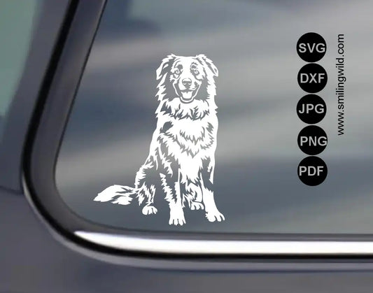 Australian Shepherd white SVG and DXF for adog in sitting position files for Cricut and CNC presented as vinyl car stickers