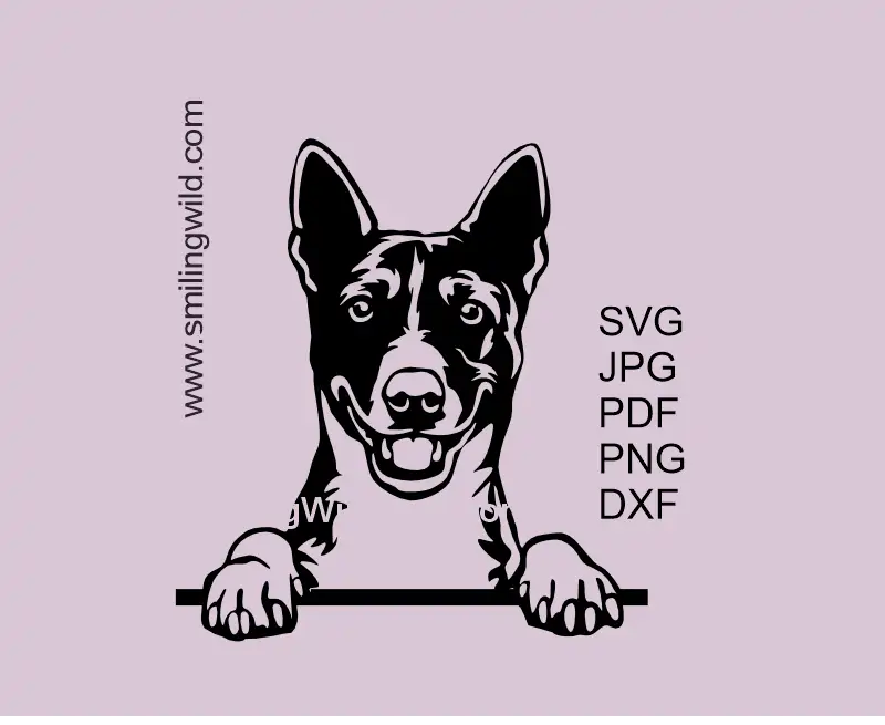 a smiling Basenji showing a peeking dog with paws on the edge SVG, png and dxf clipart – black vector file for Cricut and laser cutting