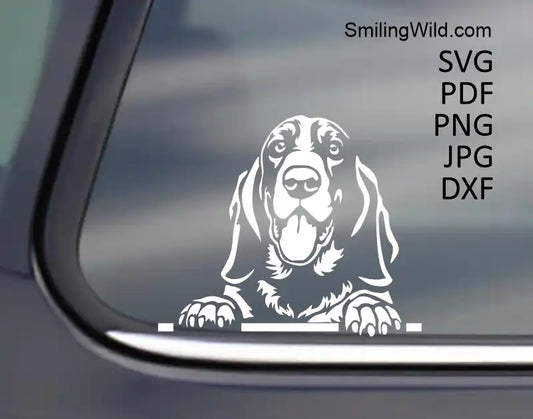 Basset Hound White Vector Graphic on a black surface, demonstrating high-contrast visibility of SVG, DXF files for laser engraving.