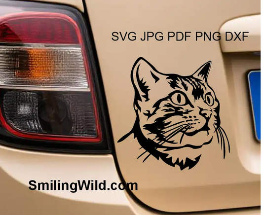 a car sticker presenting a Digital Bengal cats alert face portrait clipart in cuttable file formats for cutting and engraving crafts