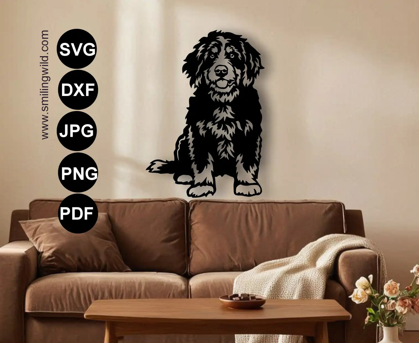 Realistic full body dog clipart of the Bernedoodle in svg and dxf vector art for laser and CNC plasma cutting