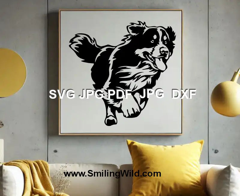 Bernese dog clipart in motion for engraving, vinyl decals, and logo design