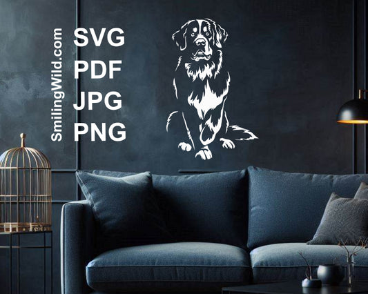Bernese Mountain Dog laser cut file for wall art, featuring realistic black-and-white dog clipart design