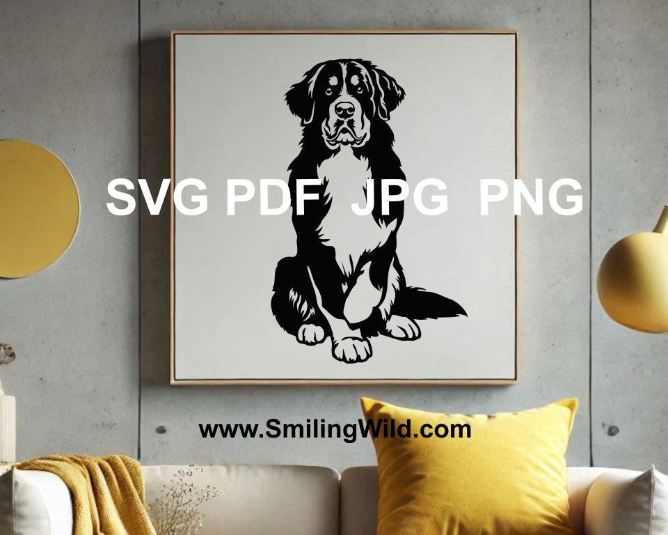 bernese mountain dog black and white digital clip art design for dowanload used on a board as a lodge wall art decor