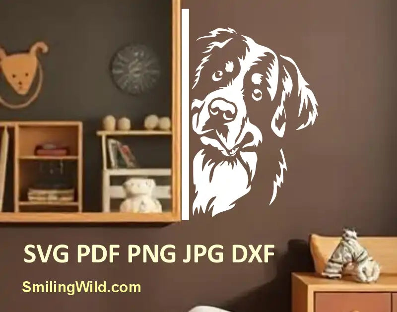 Peeking Bernese Mountain Dog shown as a wall sticker – SVG, PNG, and DXF clipart optimized for Glowforge and Silhouette