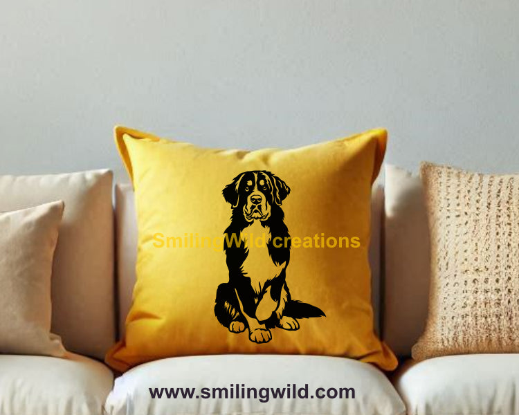 digital vector grpahic of a bernese mountain dog's realistic clipart image - a vinyl decal on a yellow pillow