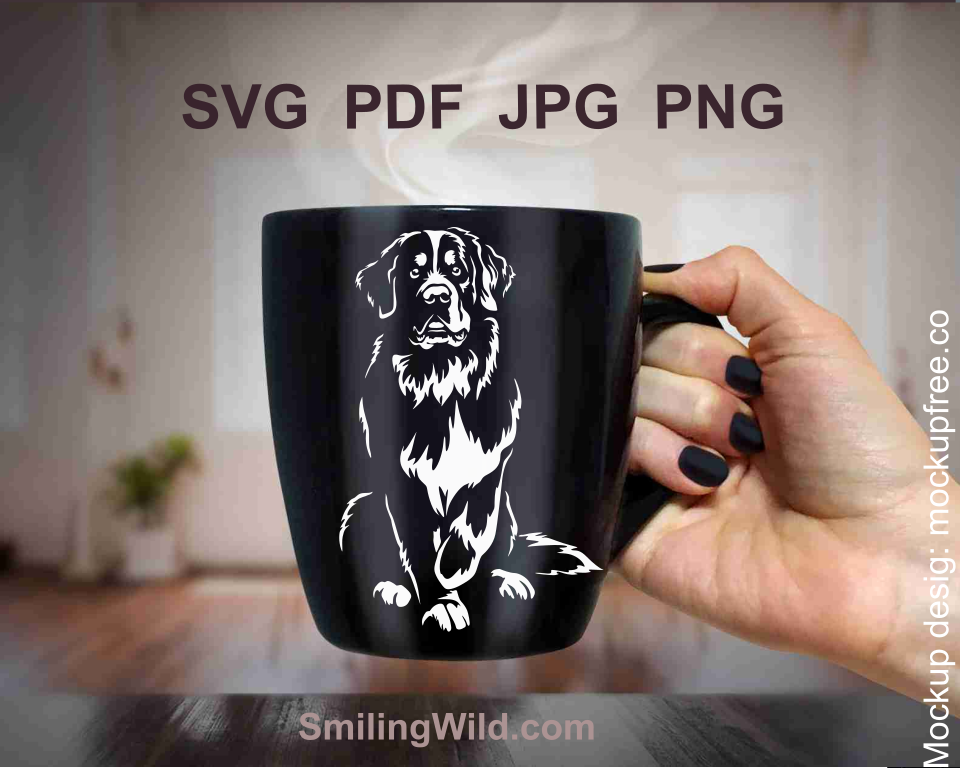 Black-and-white Bernese Mountain Dog SVG clipart, ideal for laser cut projects and personalized decor