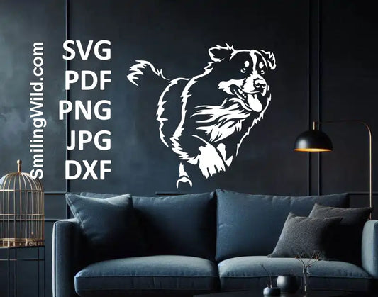 Running Bernese Mountain Dog white DXF file for laser engraving