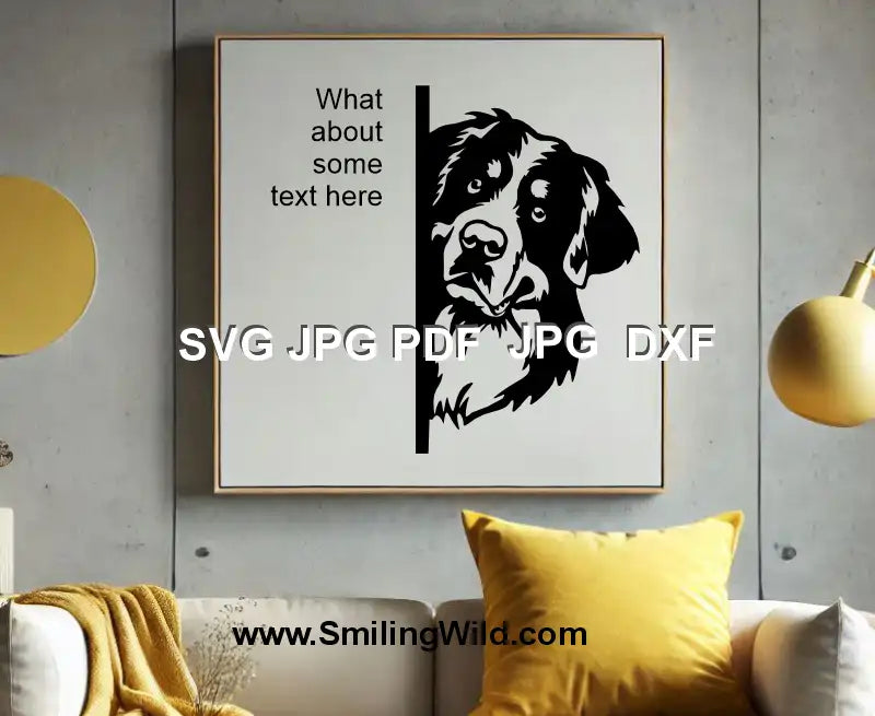 Black vector Bernese Mountain Dog peeking clipart – SVG PNG DXF bundle for Glowforge and Cricut crafts - shown on a wall art poster