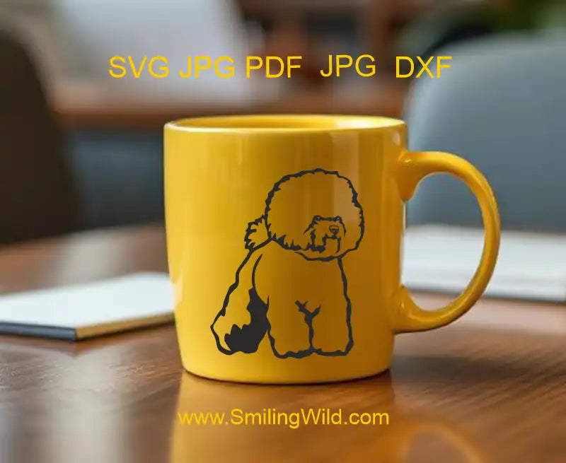 SVG black vector of Bichon Frise dog – pedigree full body clipart for craft, Cricut, and cut machines on a mocup with a yellow mug