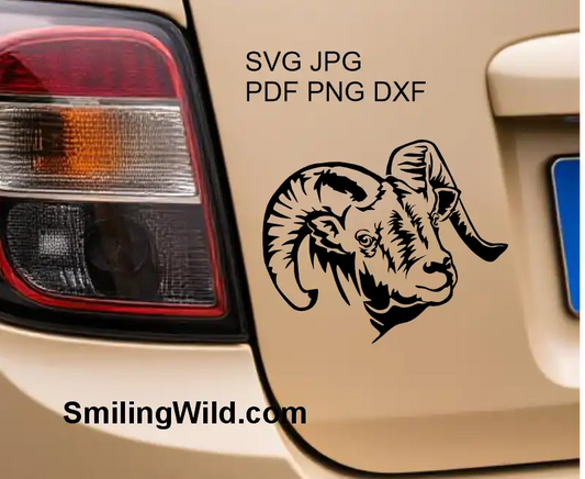 Mountain goat Bighorn Sheep digital design cut file for crafting, Cricut, and vinyl decals like this mocup image showing a car decal