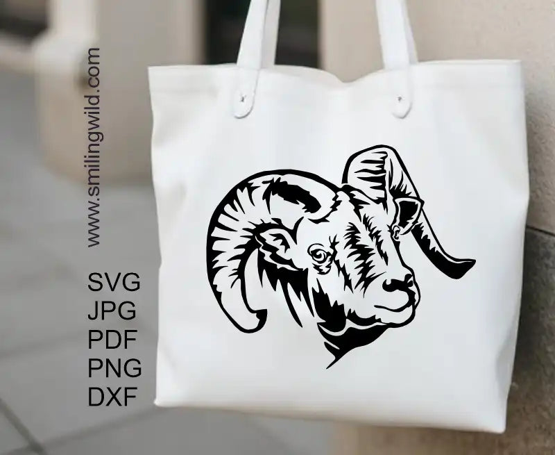 Bighorn Sheep clipart SVG PNG DXF graphic craft file for laser engraving, wood etching, and vinyl projects presented as a tote bag design