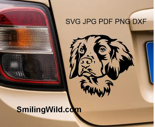 a car sticker presenting a Black Brittany Spaniel portrait digital PNG design clipart for crafting projects