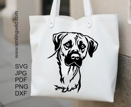 Black Mouth Cur Peeking Dog applied to a tote bag, emphasizing the clean vector lines of svg png and dxf vector clipar file.