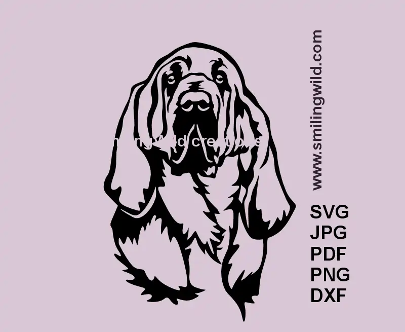 Realistic noble Bloodhound dog face SVG portrait in black vector line art