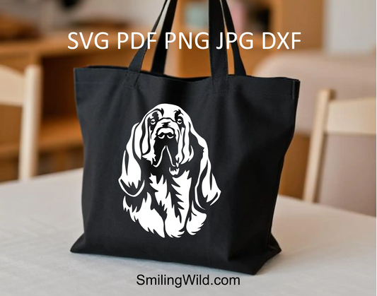 Detailed white Bloodhound dog vector svg clipart designed for Cricut, laser engraving, and black tote bag printing – perfect for canine lovers and working dog art.