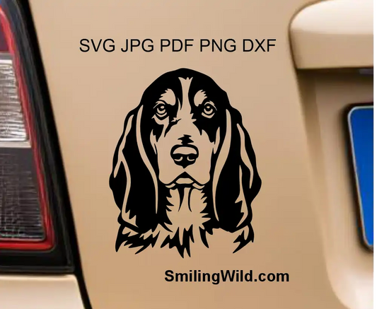 High-fidelity dog cut file design showcasing the specific long ears and hound profile of the Basset Bleu de Gascogne breed in DXF and png format.